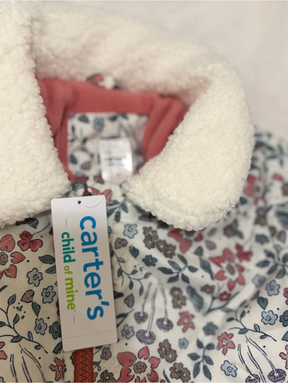 Carter's Floral Sherpa-Trim Puffer Jacket in Cream and Dusty Rose